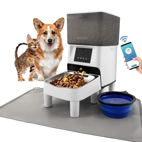 Futterautomat für Katze und Hund, WiFi Automatischer Futterspender mit Edelstahlnapf für Trockenfutter, Katzenfutter Automat mit bis zu 10 Mahlzeiten pro Tag, 10S Voice Aufnahmefunktion, APP-Steuerung von WHDPETS