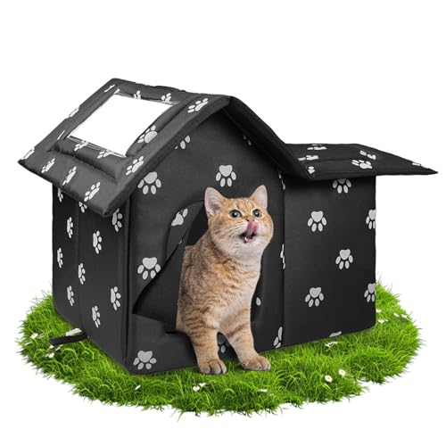 Katzenhaus Outdoor, Katzenhöhlen Für Draußen Winterfest Wasserdicht, Faltbare Wasserdicht Wetterfester Katzenhöhle Haustierhaus, Katzenhaus Tierheim Für Streuner Haustiere（Black） von WHDPETS