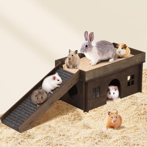 Großes Meerschweinchenversteck aus Holz mit Treppe, Hamsterhaus, Versteck für Kleintiere, Haustiere, geeignet für Chinchilla, Hamster und kleine Kaninchen, Hamsterhütte, Meerschweinchenversteck von WHEARTED