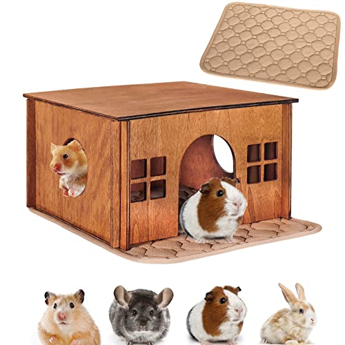 Hamsterversteck mit Fenstern, Kleintier für Meerschweinchen, Hamster, Chinchillas, abnehmbares und großes Meerschweinchenversteck aus Holz, belüftet, Braun von WHEARTED