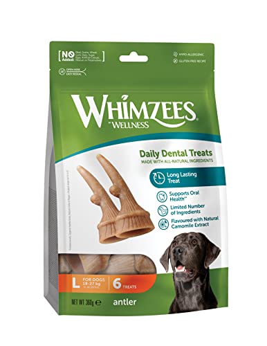 WHIMZEES Antler, Kausnack in Geweihform mit beruhigender Wirkung für große Hunde (18 - 24 kg), rein natürlich, getreidefrei, 6 Stück von WHIMZEES