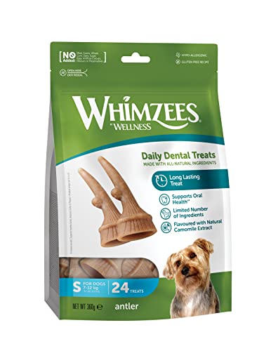 WHIMZEES Antler, Kausnack in Geweihform mit beruhigender Wirkung für kleine Hunde (7 - 12 kg), rein natürlich, getreidefrei, 24 Stück von WHIMZEES