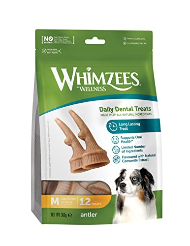 WHIMZEES Antler, Kausnack in Geweihform mit beruhigender Wirkung für mittelgroße Hunde (12 - 18 kg), rein natürlich, getreidefrei, 12 Stück von WHIMZEES