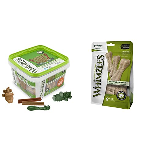 WHIMZEES Gemischte Vielfaltsbox, natürliche, getreidefreie Zahnpflegesnacks, Kaustangen für kleine Hunde, 56 Stück & Reisknochen, natürliche, glutenfreie Zahnpflegesnacks, 9 Stück, Größe M/L von WHIMZEES