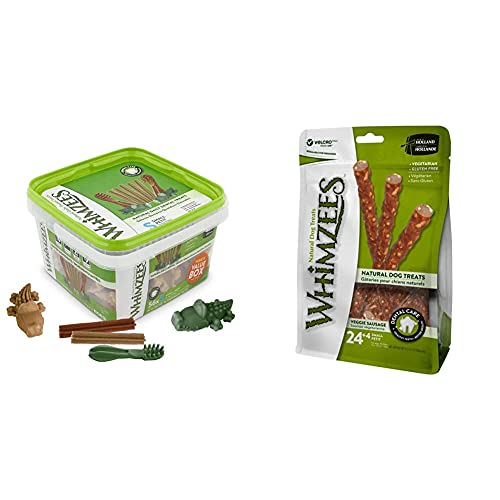 WHIMZEES Gemischte Vielfaltsbox, natürliche, getreidefreie Zahnpflegesnacks, Kaustangen für kleine Hunde, 56 Stück & Veggie-Wurst, natürliche, getreidefreie Zahnpflegesnacks, 28 Stück, Größe S von WHIMZEES