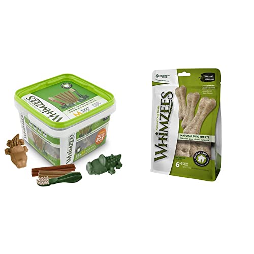 WHIMZEES Gemischte Vielfaltsbox, natürliche, getreidefreie Zahnpflegesnacks, Kaustangen für mittelgroße Hunde, 28 Stück & Reisknochen, natürliche, glutenfreie Zahnpflegesnacks, 9 Stück, Größe M/L von WHIMZEES