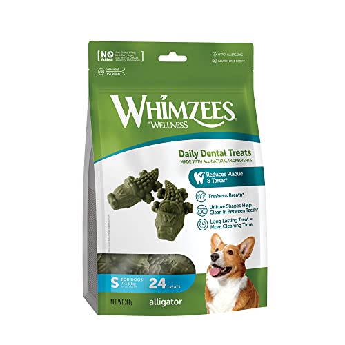 WHIMZEES By Wellness Krokodil, natürliche, getreidefreie Zahnpflegesnacks, Kaustangen für kleine Hunde, 24 Stück, Größe S von WHIMZEES