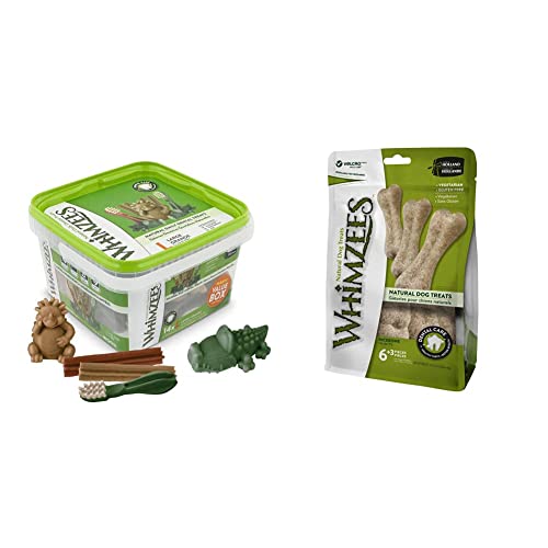 WHIMZEES Gemischte Vielfaltsbox + Reisknochen, natürliche, glutenfreie Zahnpflegesnacks für große Hunde, 23 Stück von WHIMZEES