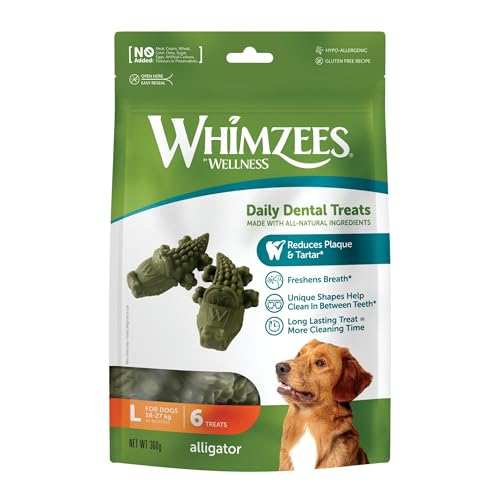 WHIMZEES By Wellness Krokodil, natürliche, getreidefreie Zahnpflegesnacks, Kaustangen für große Hunde, 6 Stück, Größe L von WHIMZEES