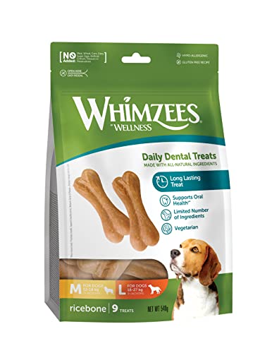 WHIMZEES Reisknochen, natürliche, glutenfreie Zahnpflegesnacks, Kauknochen für große Hunde, 9 Stück, Größe M/L von WHIMZEES