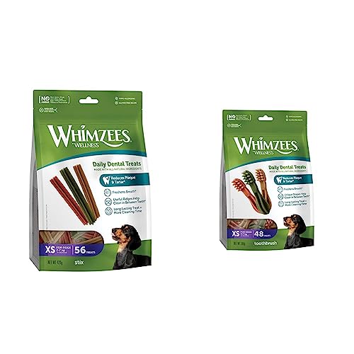 WHIMZEES Natürliche Getreidefreie Zahnpflegesnacks, Kaustangen für Hunde, Stix XS, 56 Stück à 7,5 g & Natürliche Getreidefreie Zahnpflegesnacks, Kaustangen für Hunde, Zahnbürste XS, 48 stück, 7,5 g von WHIMZEES