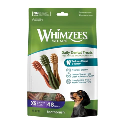 WHIMZEES By Wellness Zahnbürste, natürliche, getreidefreie Zahnpflegesnacks, Kaustangen für sehr kleine Hunde, 48 Stück, Größe XS von WHIMZEES