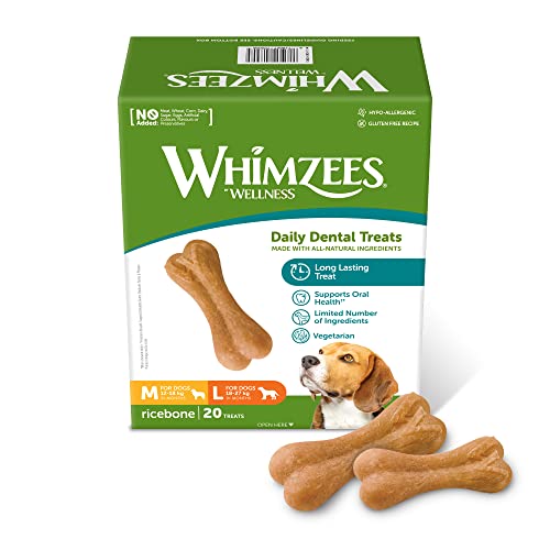 WHIMZEES Reisknochen, natürliche, glutenfreie Zahnpflegesnacks, Kauknochen für große Hunde, 20 Stück, Größe M/L von WHIMZEES