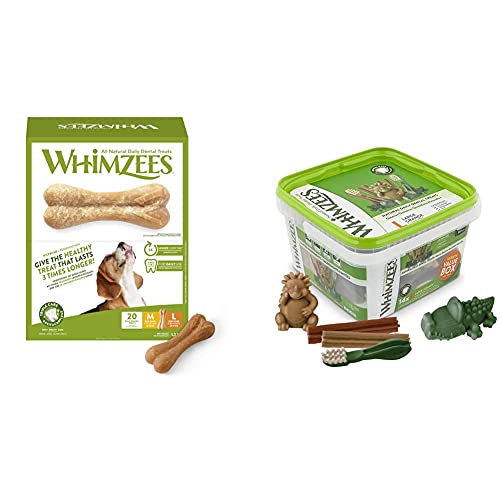 WHIMZEES Reisknochen, natürliche, glutenfreie Zahnpflegesnacks, Kauknochen für große Hunde, 20 Stück, Größe M/L & Gemischte Vielfaltsbox, natürliche, getreidefreie Zahnpflegesnacks, 14 Stück von WHIMZEES