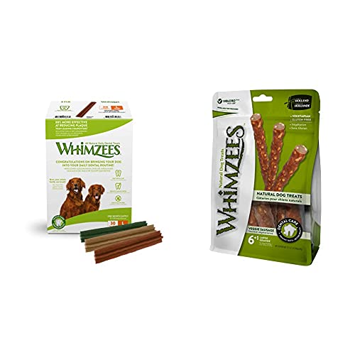 WHIMZEES Stix, natürliche, getreidefreie Zahnpflegesnacks(30 Stück), Größe L & Veggie-Wurst, natürliche, getreidefreie Zahnpflegesnacks, Kaustangen für große Hunde, 7 Stück, Größe L von WHIMZEES