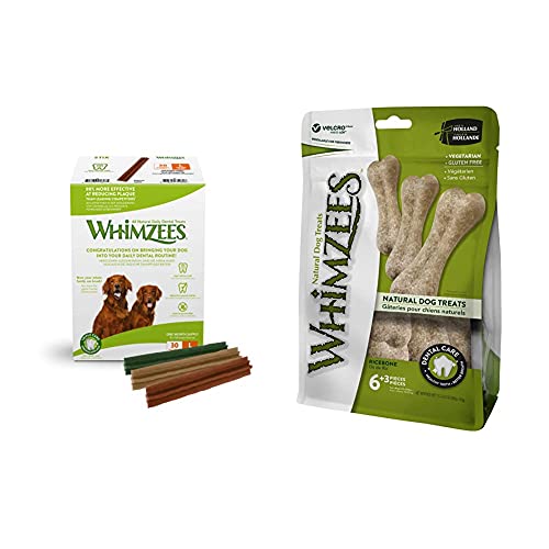 WHIMZEES Stix, natürliche, getreidefreie Zahnpflegesnacks (30 Stück), Größe L & Reisknochen, natürliche, glutenfreie Zahnpflegesnacks, Kauknochen für große Hunde, 9 Stück, Größe M/L von WHIMZEES