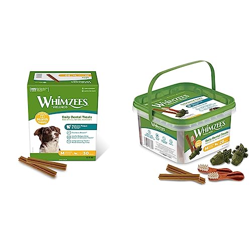 WHIMZEES Stix, natürliche, getreidefreie Zahnpflegesnacks (30 Stück), Größe M & Gemischte Vielfaltsbox, natürliche, getreidefreie Zahnpflegesnacks, Kaustangen für mittelgroße Hunde, 28 Stück von WHIMZEES