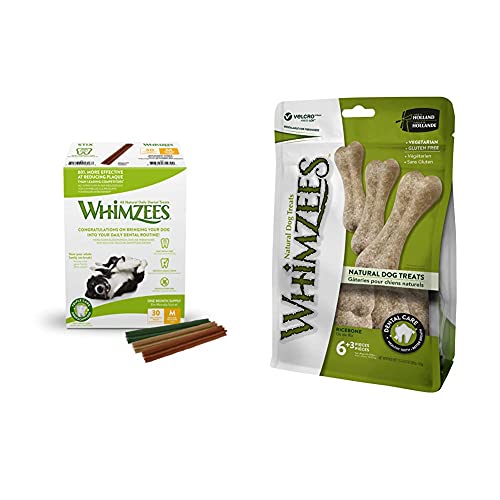 WHIMZEES Stix, natürliche, getreidefreie Zahnpflegesnacks (30 Stück), Größe M & Reisknochen, natürliche, glutenfreie Zahnpflegesnacks, Kauknochen für große Hunde, 9 Stück, Größe M/L von WHIMZEES