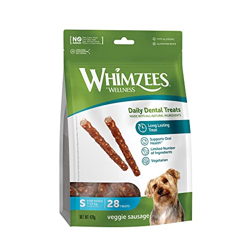 WHIMZEES Veggie-Wurst, natürliche, getreidefreie Zahnpflegesnacks, Kaustangen für kleine Hunde, 28 Stück, Größe S von WHIMZEES