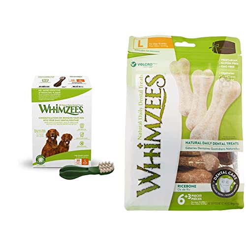 WHIMZEES Zahnbürste, natürliche, getreidefreie Zahnpflegesnacks (30 Stück), Größe L & Reisknochen, natürliche, glutenfreie Zahnpflegesnacks, Kauknochen für große Hunde, 9 Stück, Größe M/L von WHIMZEES