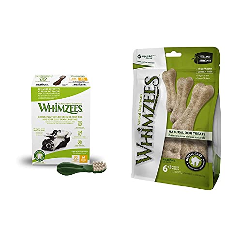 WHIMZEES Zahnbürste, natürliche, getreidefreie Zahnpflegesnacks (30 Stück), Größe M & Reisknochen, natürliche, glutenfreie Zahnpflegesnacks, Kauknochen für große Hunde, 9 Stück, Größe M/L von WHIMZEES