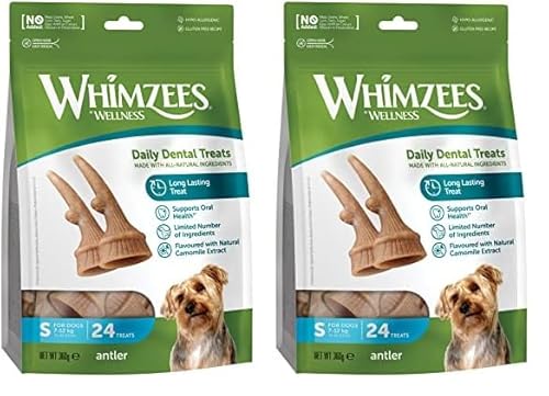 WHIMZEES by Wellness Antler, geweihförmiger Hundesnack für kleine Hunde, Größe S, 24 Stück, wirkt ruhigend, ohne Zuckerzusatz, getreidefrei, natürlich, fettarm (Packung mit 2) von WHIMZEES