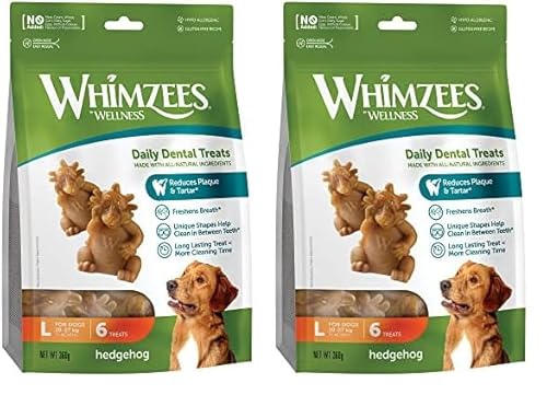 WHIMZEES by Wellness Igel, Kaustangen für große Hunde, Hundesnack zur Zahnpflege, Größe L, 6 Stück, ohne Zuckerzusatz, getreidefrei, natürlich, fettarm (Packung mit 2) von WHIMZEES