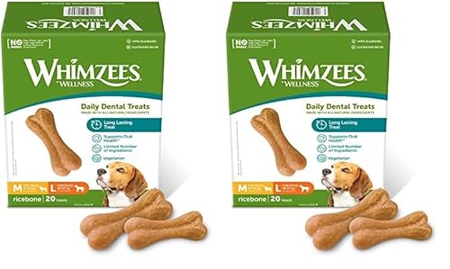 WHIMZEES by Wellness Reisknochen, Kauknochen für große Hunde, Hundesnack zur Zahnpflege, Größe M/L, 20 Stück, 360 g, ohne Zuckerzusatz, glutenfrei, natürlich, fettarm (Packung mit 2) von WHIMZEES