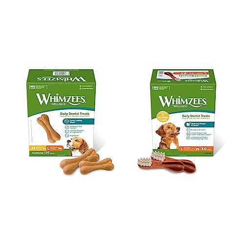 WHIMZEES by Wellness Reisknochen, natürliche & by Wellness Zahnbürste, natürliche, getreidefreie Zahnpflegesnacks, Kaustangen für große Hunde, Monatspackung (30 Stück), Größe L von WHIMZEES