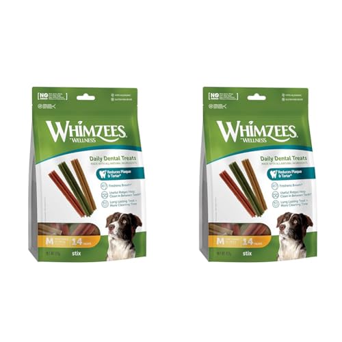 WHIMZEES by Wellness Stix, natürliche, getreidefreie Zahnpflegesnacks, Kaustangen für mittelgroße Hunde, 14 Stück, Größe M (Packung mit 2) von WHIMZEES