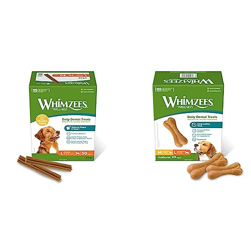 WHIMZEES by Wellness Stix, natürliche & by Wellness Reisknochen, natürliche, glutenfreie Zahnpflegesnacks, Kauknochen für große Hunde, 20 Stück, Größe M/L von WHIMZEES