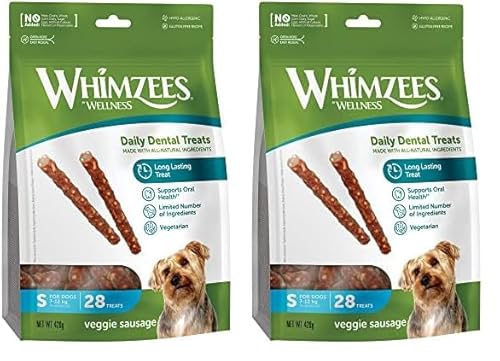 WHIMZEES by Wellness Veggie-Wurst, natürliche, getreidefreie Zahnpflegesnacks, Kaustangen für kleine Hunde, 28 Stück, Größe S (Packung mit 2) von WHIMZEES