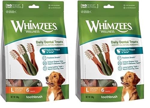 WHIMZEES by Wellness Zahnbürste, Kaustangen für große Hunde, Hundesnack zur Zahnpflege, Größe L, 6 Stück, ohne Zuckerzusatz, getreidefrei, natürlich, fettarm (Packung mit 2) von WHIMZEES