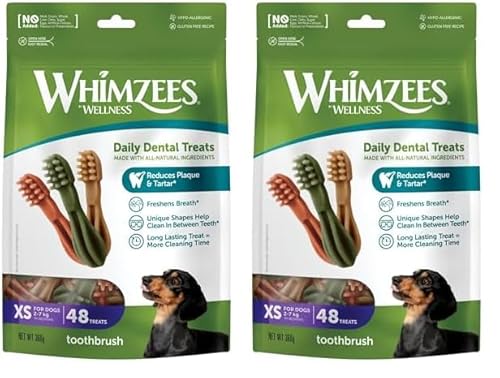 WHIMZEES by Wellness Zahnbürste, Kaustangen für sehr kleine Hunde, Hundesnack zur Zahnpflege, Größe XS, 48 Stück, ohne Zuckerzusatz, getreidefrei, natürlich, fettarm (Packung mit 2) von WHIMZEES