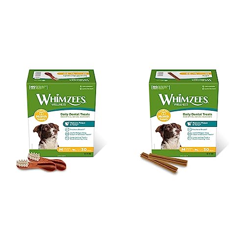 WHIMZEES by Wellness Zahnbürste, natürliche & by Wellness Stix, natürliche, getreidefreie Zahnpflegesnacks, Kaustangen für mittelgroße Hunde, Monatspackung (30 Stück), Größe M von WHIMZEES