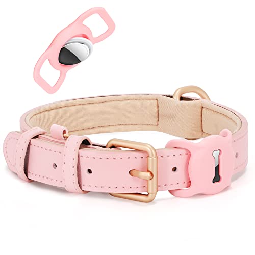 WHIPPY AirTag Hundehalsband Leder Verstellbares AirTag Halsband Leder mit Gepolstert und Metall Schnalle Klassisches Weiches Air Tag Hundehalsband für Welpe Kleine Mittel Große Hunde Rosa,L von WHIPPY