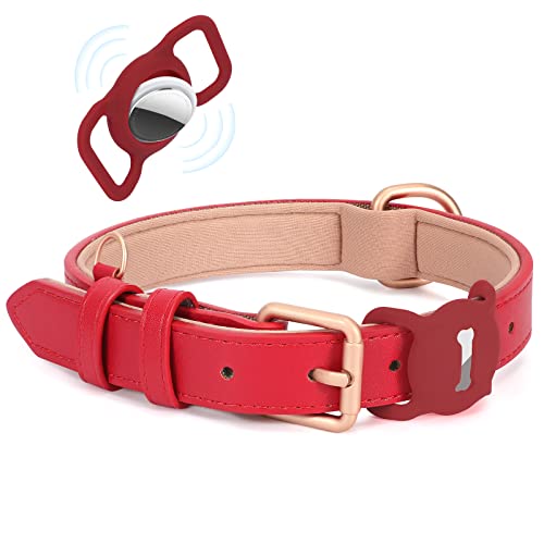 WHIPPY AirTag Hundehalsband Leder Verstellbares AirTag Halsband Leder mit Gepolstert und Metall Schnalle Klassisches Weiches Air Tag Hundehalsband für Welpe Kleine Mittel Große Hunde Rot,L von WHIPPY