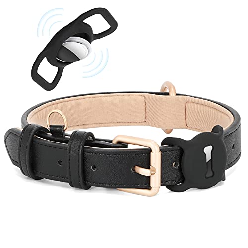 WHIPPY AirTag Hundehalsband Leder Verstellbares AirTag Halsband Leder mit Gepolstert und Metall Schnalle Klassisches Weiches Air Tag Hundehalsband für Welpe Kleine Mittel Große Hunde Schwarz,L von WHIPPY