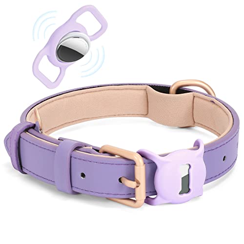 WHIPPY AirTag Hundehalsband Leder Verstellbares AirTag Halsband Leder mit Gepolstert und Metall Schnalle Klassisches Weiches Air Tag Hundehalsband für Welpe Kleine Mittel Große Hunde Violett,L von WHIPPY