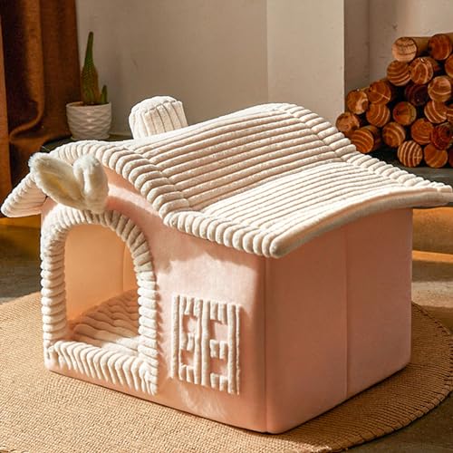 Hundehütte mit Doppeldach, Katzennest für den Innenbereich, Faltbarer, Warmer, Weicher Zwinger, Hochelastischer Memory-Schwamm, Abnehmbares Kissen und rutschfeste Unterseite (Color : Pink, Size : S von WHYATT