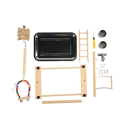 Papageienspielplatz Vogelspielstand - Wellensittich Spielplatz, Holz Vogelstangen, 2 Futterbecher & Edelstahlschale, Klettern & Spielen, einfache Reinigung, Komplettset von WIHFHGZ