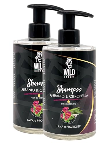Wild Horses | Shampoo für Pferde Geranie & Zitronengras mit ätherischen Ölen, erfrischt und schützt, beseitigt schlechte Gerüche, natürliche Barriere, geeignet für alle Felltypen, 2 x 500 ml, von WILD HORSES
