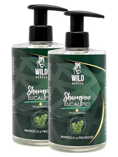 Wild Horses | Shampoo für Pferde mit Eukalyptus mit ätherischen Ölen, erfrischt und schützt, beseitigt schlechte Gerüche, natürliche Barriere, geeignet für alle Felltypen, 2 x 500 ml, hergestellt in von WILD HORSES