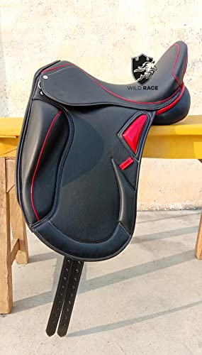 WILD RACE Leder-Dressur-Monoflap-Wechseleisensattel/Leather Dressage Monoflap Changeable Gullets Saddle (18", Schwarz (Black)) von WILD RACE