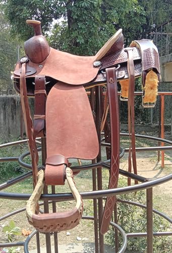 WILD RACE Western Dunkelbrauner Leder handgeschnitzter Roper Ranch Sattel/Western Dark Brown Leather Hand Carved Roper Ranch Saddle (14") von WILD RACE