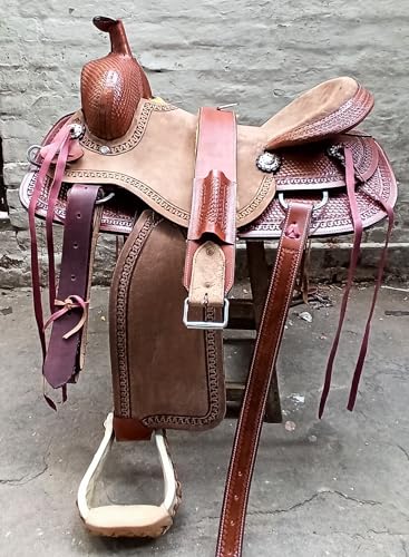 WILD RACE Western brauner Strip Down Leder handgeschnitzter Roper Ranch Sattel/Western Brown Strip Down Leather Hand Carved Roper Ranch Saddle (14") von WILD RACE