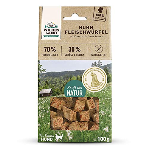 Wildes Land - Fleischwürfel Huhn - 100 g - Kausnack für Hunde - 70% Frischfleisch - 30% Gemüse & Beeren - Natürlich belohnen - getreidefrei - Hohe Akzeptanz - Frisches, schonend getrocknetes Fleisch Wildes Land - Fleischwürfel Huhn - 100 g - Kausnack für Hunde - 70% Frischfleisch - 30% Gemüse & Beeren - Natürlich belohnen - getreidefrei - Hohe Akzeptanz - Frisches, schonend getrocknetes Fleisch von WILDES LAND