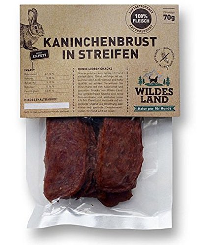 Wildes Land - Kaninchenfleisch in Streifen - 70 g - Extra viel Fleisch (93%) - Getreide- und glutenfrei - Unter 4% Fett - Für Hunde und Katzen von WILDES LAND