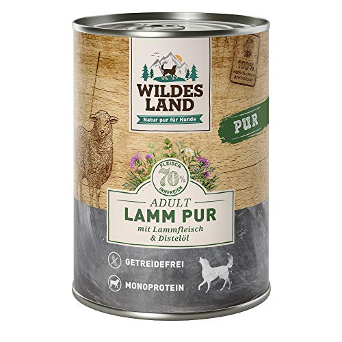 Wildes Land - Lamm PUR - 12 x 400 g - Mit Distelöl und Wildkräutern - Nassfutter für Hunde - Hoher Fleischanteil - Hohe Akzeptanz - Getreidefreies Hundefutter von WILDES LAND