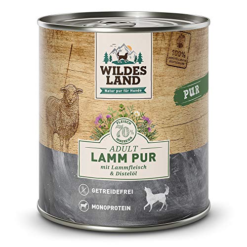 Wildes Land - Lamm PUR - 12 x 800 g - Mit Distelöl und Wildkräutern - Nassfutter für Hunde - Hoher Fleischanteil - Hohe Akzeptanz - Getreidefreies Hundefutter von WILDES LAND